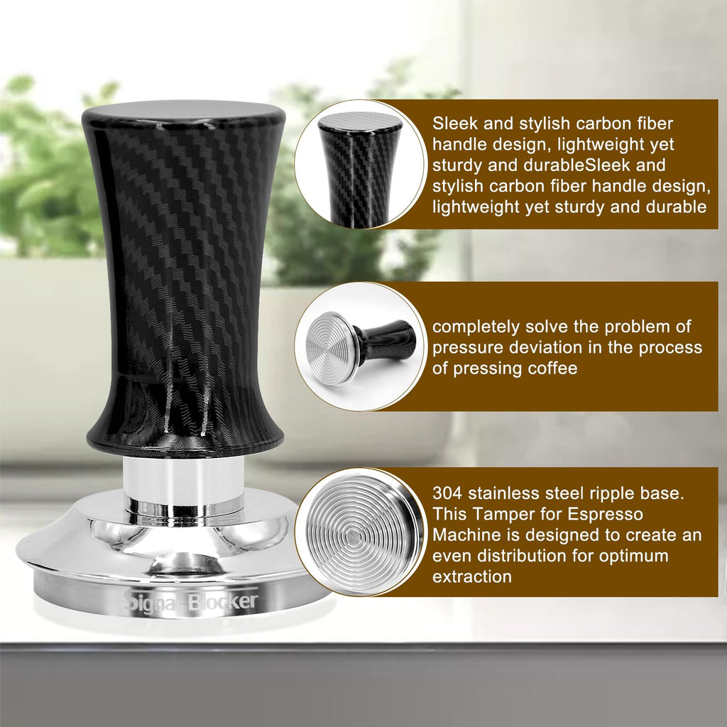 51mm Espresso Coffee Tamper for Espresso Machine: Calibrated Spring Loaded & Stainless Steel Ripple Base - Carbon Fiber Handle with Constant 30lb Fits All 51mm Portafilters | Bundle Including WDT Tool