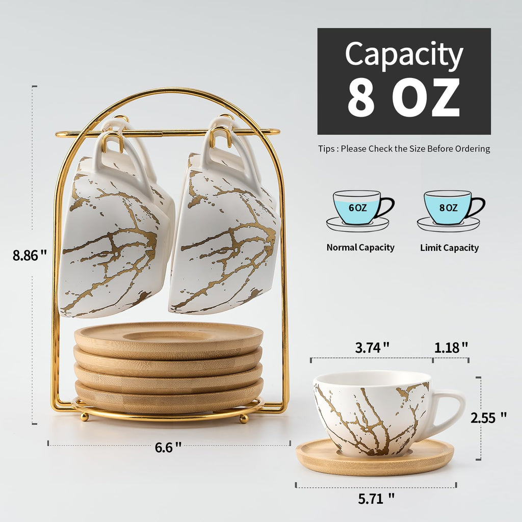 LUKA Ceramic Demitasse Espresso Cups Set with Saucers and Metal Stand, 8 oz Porcelain Stackable Cappuccino Cups Teacup For Tea, Espresso, Latte, Coffee, Cafe Mocha, Set of 4, White