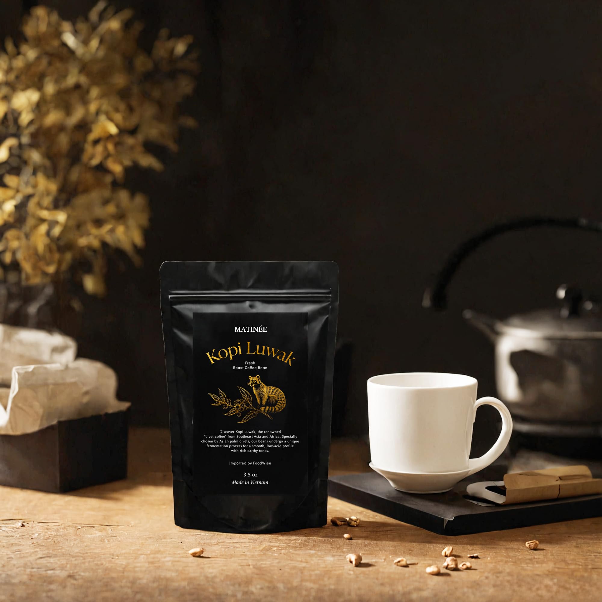 MATINÉE Wild Kopi Luwak Coffee Whole Beans, Medium Roast Luwak Coffee Gifts, Produce of Vietnam, 3.5oz / 100 Grams