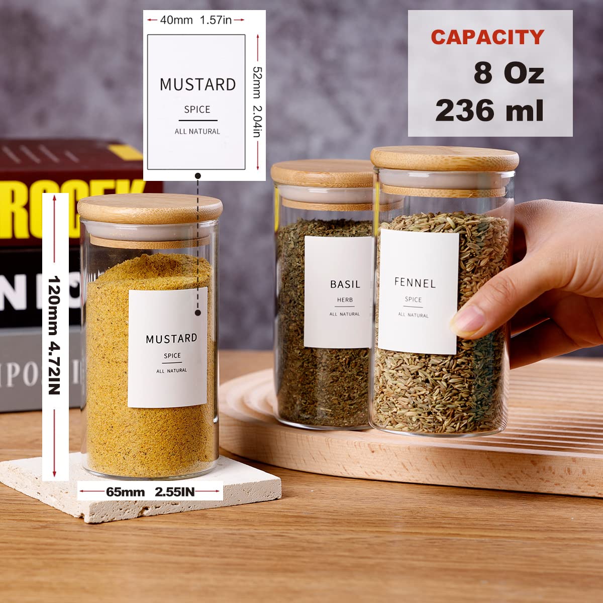 HHMJSM 12 Pcs Square Glass Spice Jars with Natural Bamboo Lids - 5oz Airtight Herb Containers with 148 Waterproof Minimalist Spice Labels Preprinted - Empty Small Seasoning Jars for Kitchen Pantry