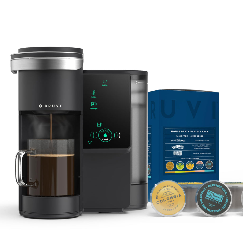 BRUVI Single-Serve Coffee Maker Bundle | Brews Coffee, Espresso, Cold Brew, Matcha Green Tea & More | Includes Brewer + 20 Variety Pods | Touchscreen, WiFi, 70 oz Tank | Black