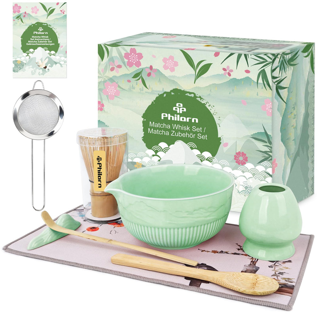 PHILORN Matcha Whisk Set, 9Pcs Ceramic Macha Kit, Matcha Set Whisk and Bowl with Spout, Whisks, Holder, Bamboo Scoop, Scoop Rest, Sifter and Tea Towel for Macha Lover (Cyan)