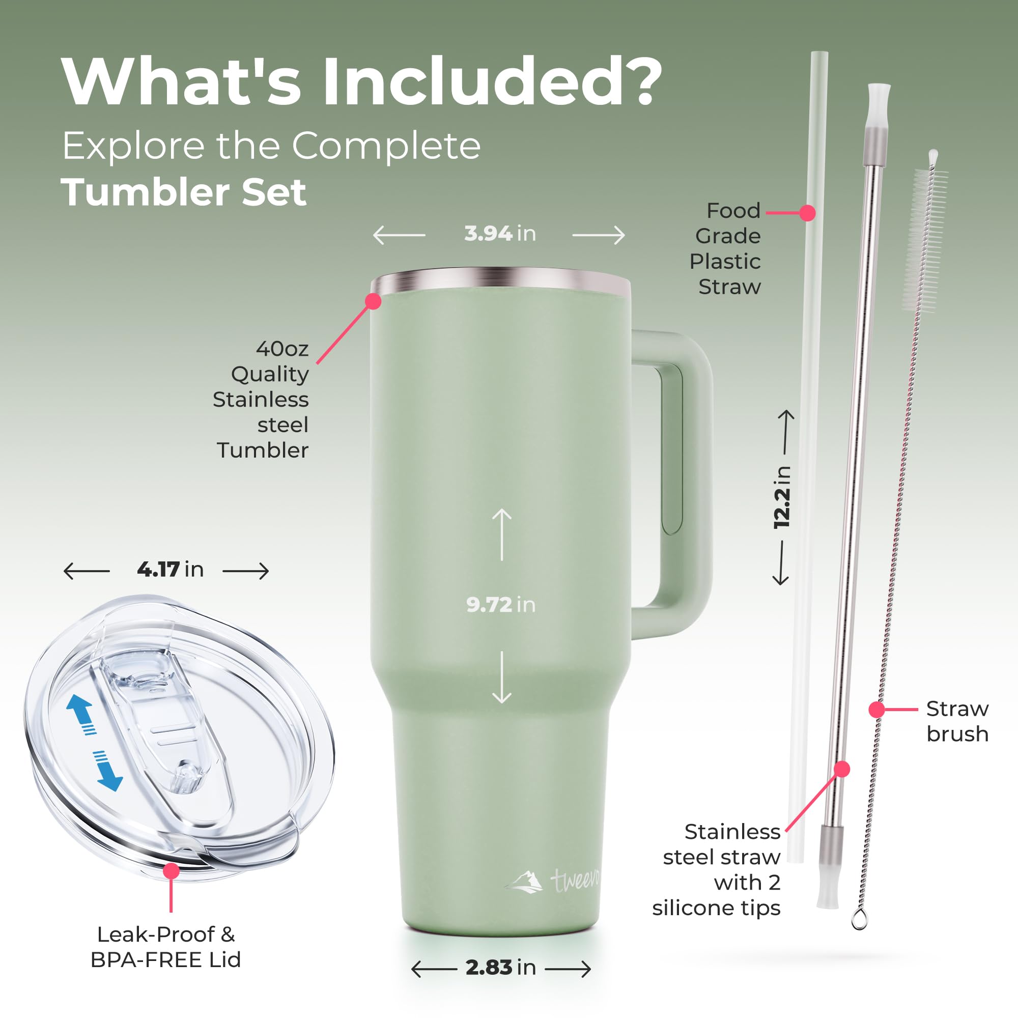 tweevo 40 oz Tumbler With Handle and Straw Made of Stainless Steel - Double Wall Vacuum Insulated Tumbler With Lid - Sweat Proof Easy Grip, BPA-Free, Dishwasher Safe Tumbler (Sea Sage)