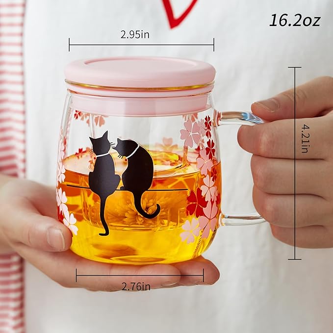 Glass Tea Cup with Infuser and Lid, 16.2oz/480ml Large Borosilicate Teacup,Tea Glass, Clear Mug for Loose Leaf Tea, Blooming Tea, Microwave & Dishwasher Safe - Tea Maker Gift for Birthday