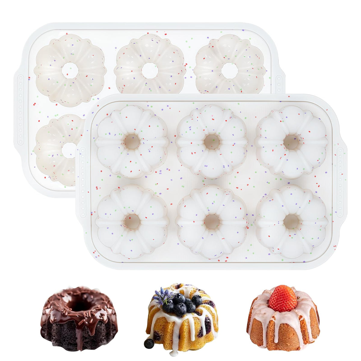 FUNBAKY Mini Fluted Tube Cake Pans for Baking with Metal Reinforced Frame, 2Pcs Silicone 6-Cavity Mini Flan Molds, Nonstick Baking Mold for Cupcake, Brownie, Donuts, Cornbread, Jello