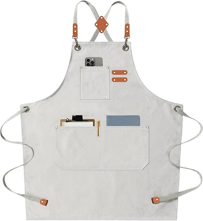 AFUN Chef Aprons for Men Women with Large Pockets, Cotton Canvas Cross Back Heavy Duty Adjustable Work Apron, Size M to XXL (Beige)