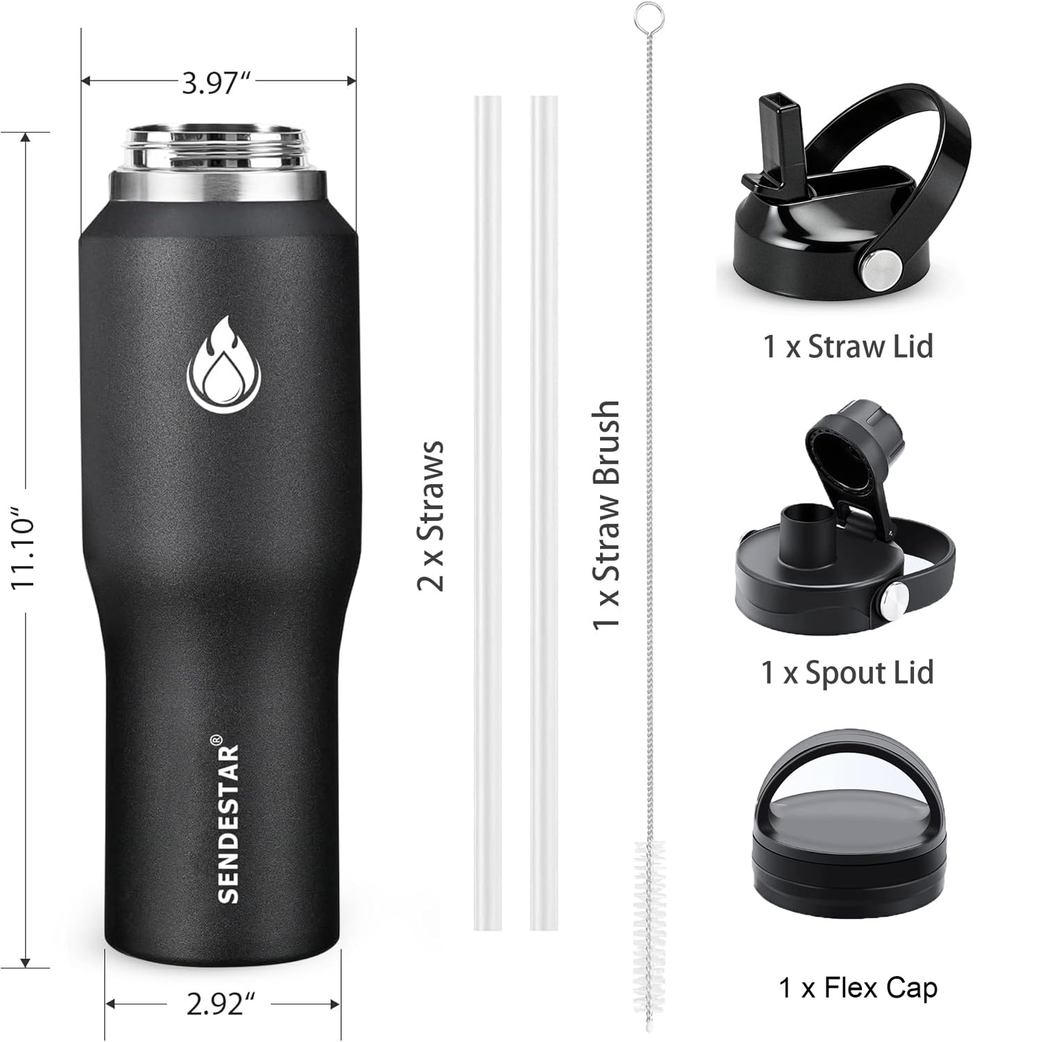 SENDESTAR 40oz Stainless Steel Water Bottle(Cold for 48 Hrs, Hot for 24 Hrs),Double Wall Vacuum Insulated Bottle with Straw Lid, Spout Lid and Flex Cap, Fit in Any Car Cup Holder,Black