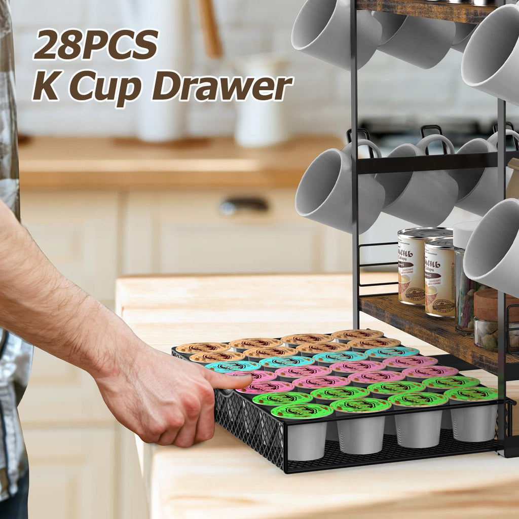 OGEMXU Coffee Station Organizer, 3 Tier Bar Organizer for Countertop, Mug Cup Holder Stand With 12 Hooks and 28 K Cup Storage for Kitchen, Home & Office, Rustic Brown