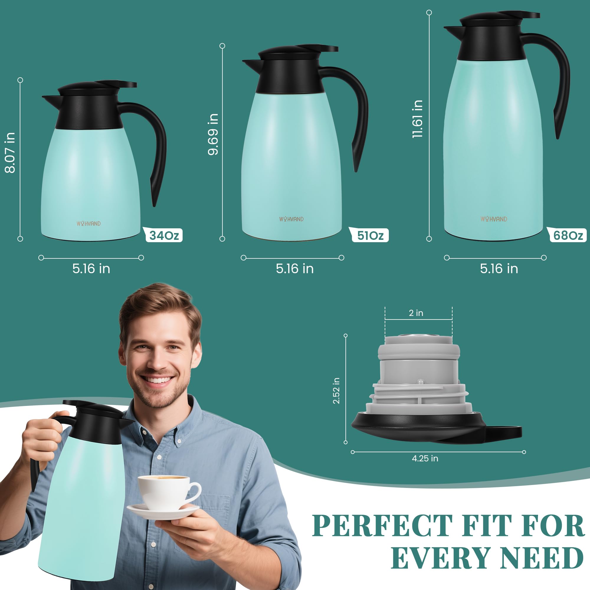 WYHVAND Thermal Coffee Carafe, 68 oz, Leakproof Push-Button Lid, Blue