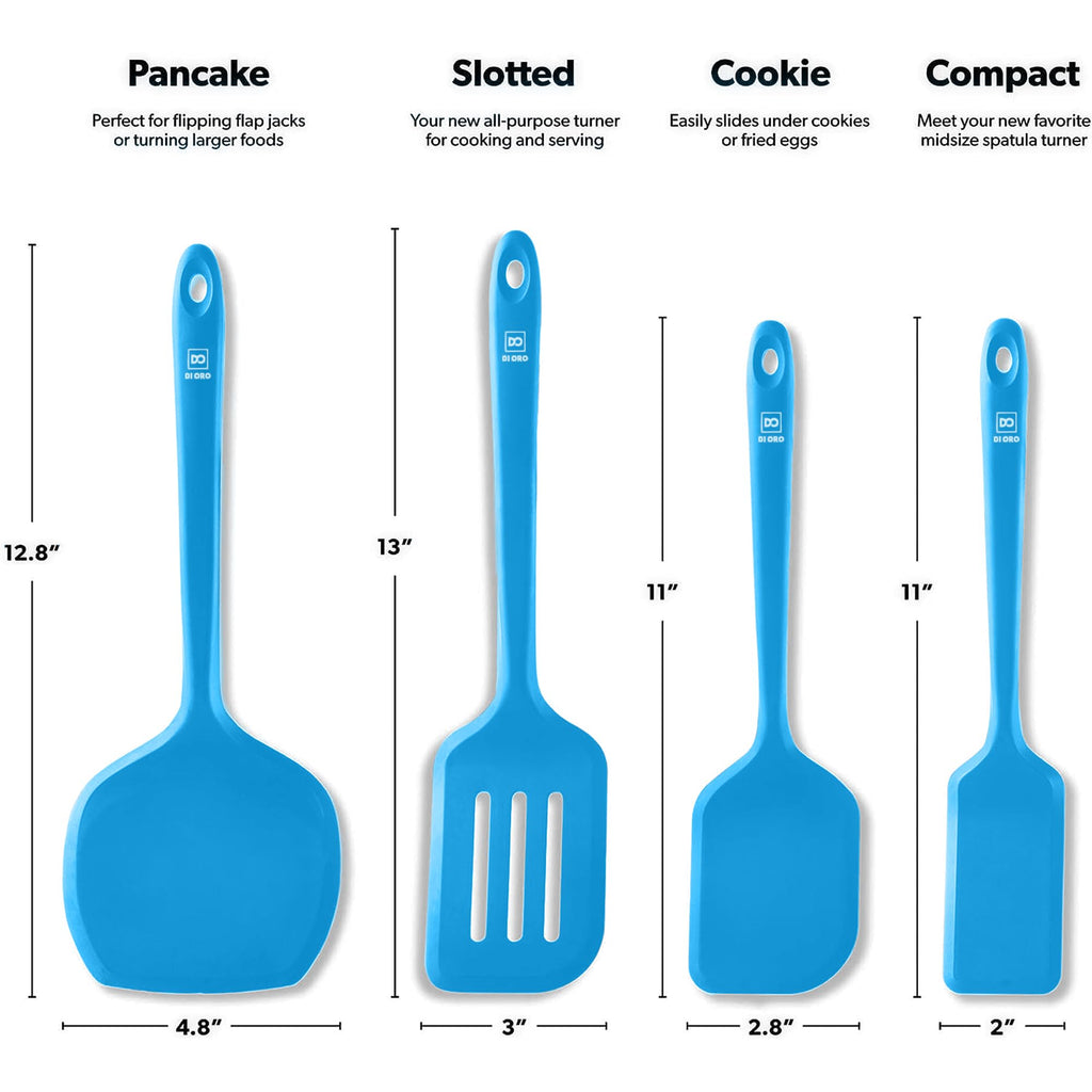 New DI ORO Silicone Turner Spatula Set - Kitchen Spatulas for Nonstick Cookware - Cooking Utensils for Flipping Eggs & Pancakes - 600°F Heat-Resistant BPA Free Turners - Dishwasher Safe (4pc, Blue)