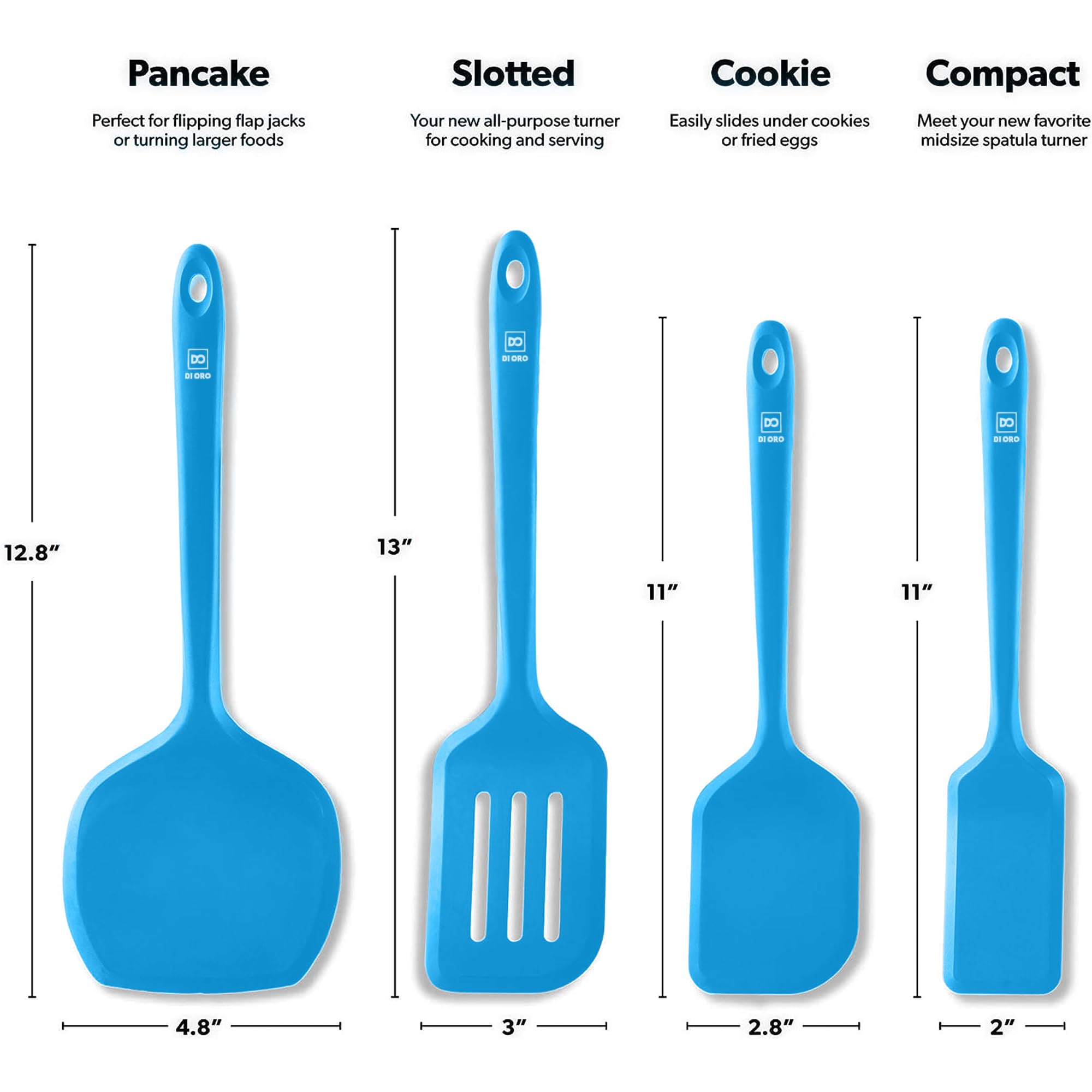 New DI ORO Silicone Turner Spatula Set - Kitchen Spatulas for Nonstick Cookware - Cooking Utensils for Flipping Eggs & Pancakes - 600°F Heat-Resistant BPA Free Turners - Dishwasher Safe (4pc, Blue)