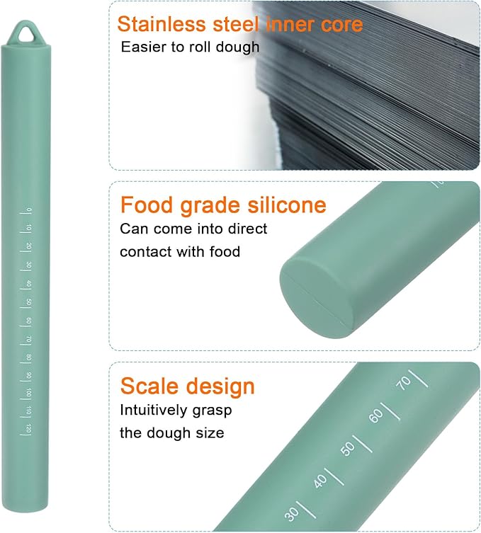HARFINGTON Silicone Rolling Pin 10" Silicone Surface Non-Stick Stainless Steel Inner Core Dough Roller Kitchen Roller for Baking Pastry Pizza Fondant Bread, Green