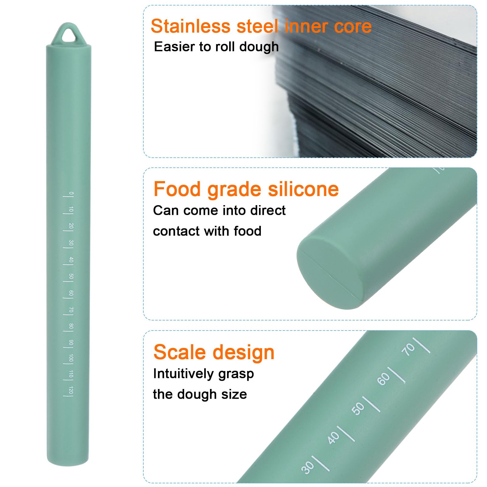 HARFINGTON 2pcs Silicone Rolling Pin 10" Stainless Silicone Surface Non-Stick Stainless Steel Inner Core Dough Roller Kitchen Roller for Baking Pastry Pizza Fondant Bread, Green,Dark Green
