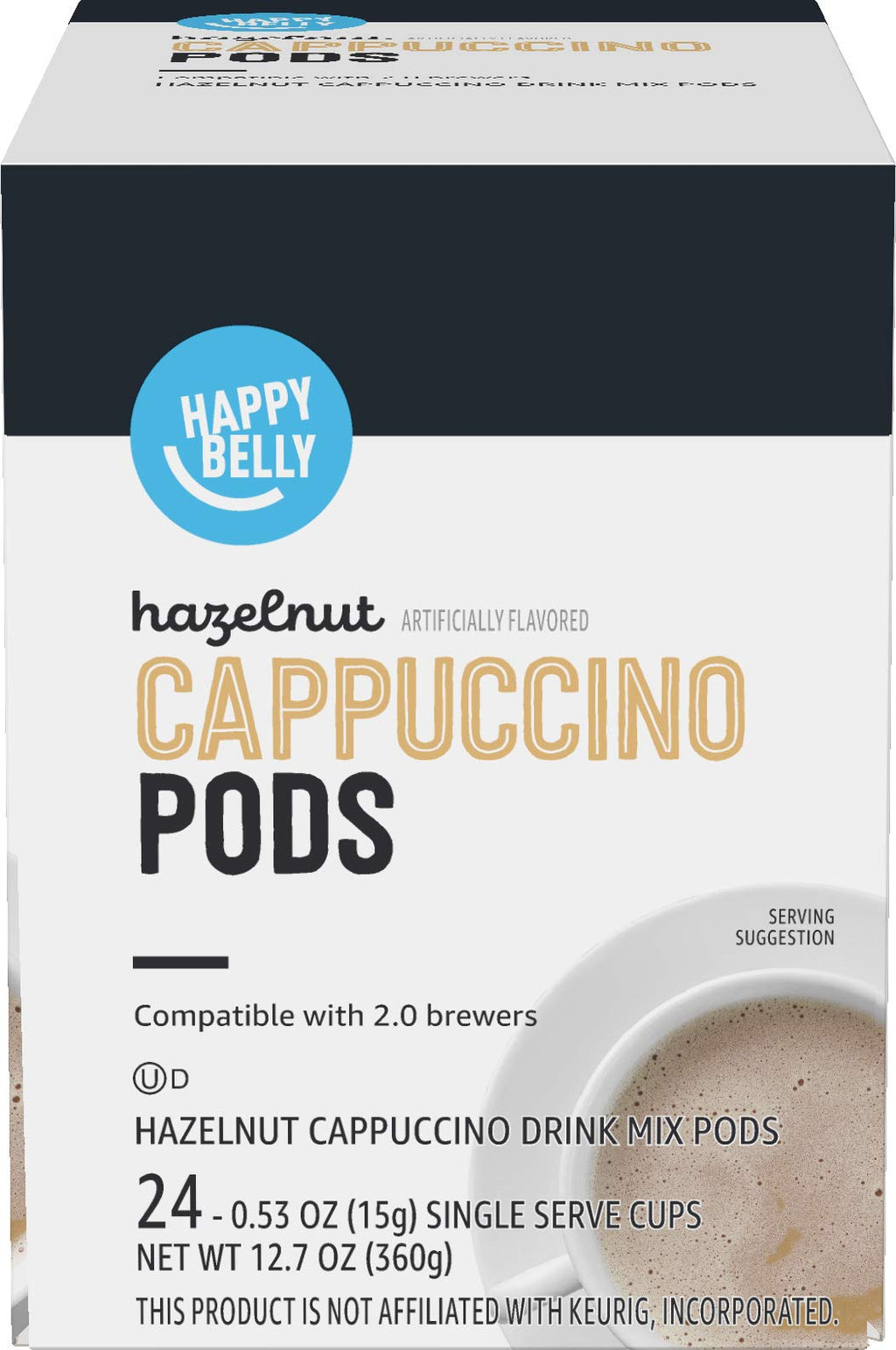 Happy Belly Light Roast Cappuccino Coffee Pods, Hazelnut Flavored, Compatible with K-Cup Brewers, 24 Count