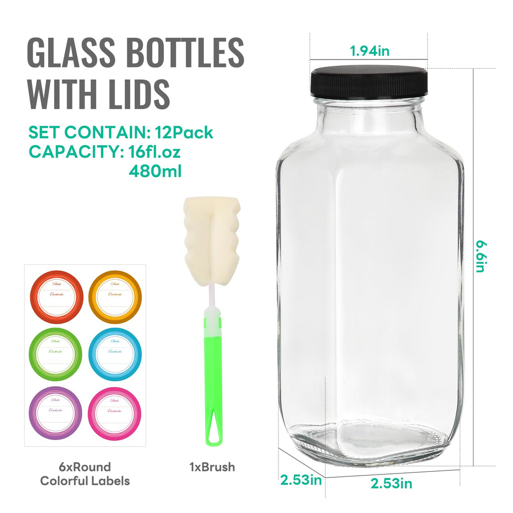 CAKKVDE 16 oz Glass Juice Bottles with Lids 12 Pack