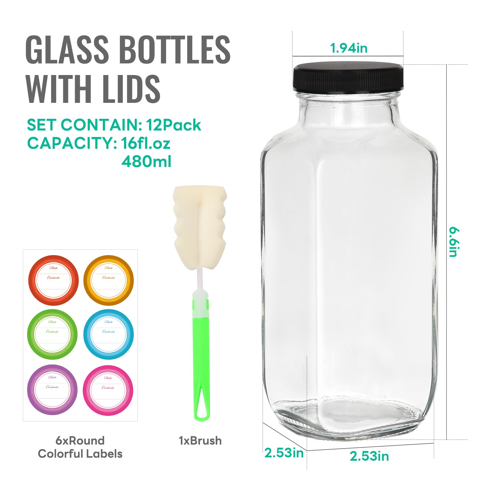 CAKKVDE 16 oz Glass Juice Bottles with Lids 12 Pack