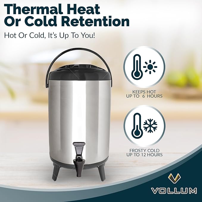 Stainless Steel Insulated Beverage Dispenser – Insulated Thermal Hot and Cold Coffee Carafe – 8 Liter Drink Dispenser with Spigot for Hot Water, Tea & Coffee, Cold Milk, Juice & More BLACK