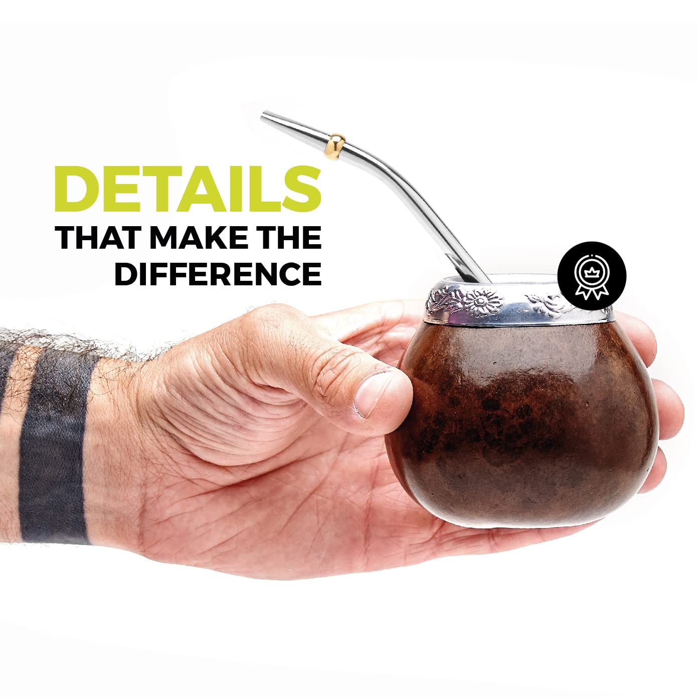 BALIBETOV Yerba Mate Gourd Set – Original Natural Handmade Yerba Mate Cup from Argentina, Includes Mate Tea Cup, Bombilla (Mate Straw) and Cleaning Brush, Traditional Mate Cup Gift Set