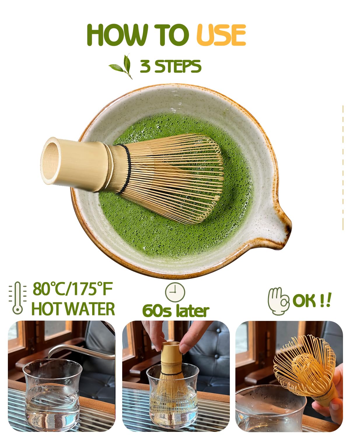 Vaiheng Matcha Whisk, Matcha Whisk Set Matcha Bamboo Whisk for Matcha Powder Handcrafted Organic Traditional Japanese Chasen, 100-Prong Matcha Stirrer Wisk Mixer Brush for Authentic Tea Preparation