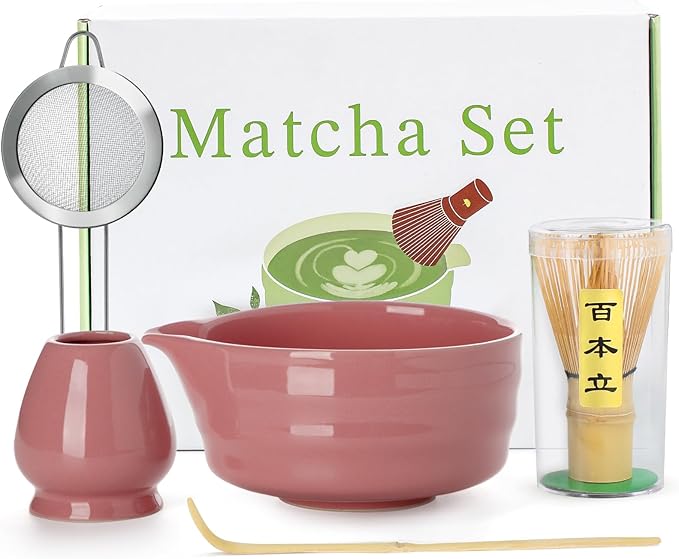 5PCS Matcha Set - 17OZ Ceremonial Bowl with Spout, Bamboo Whisk (Chasen), Stainless Sifter, Scoop & Holder, Matcha Kit for Matcha Lovers, Pink