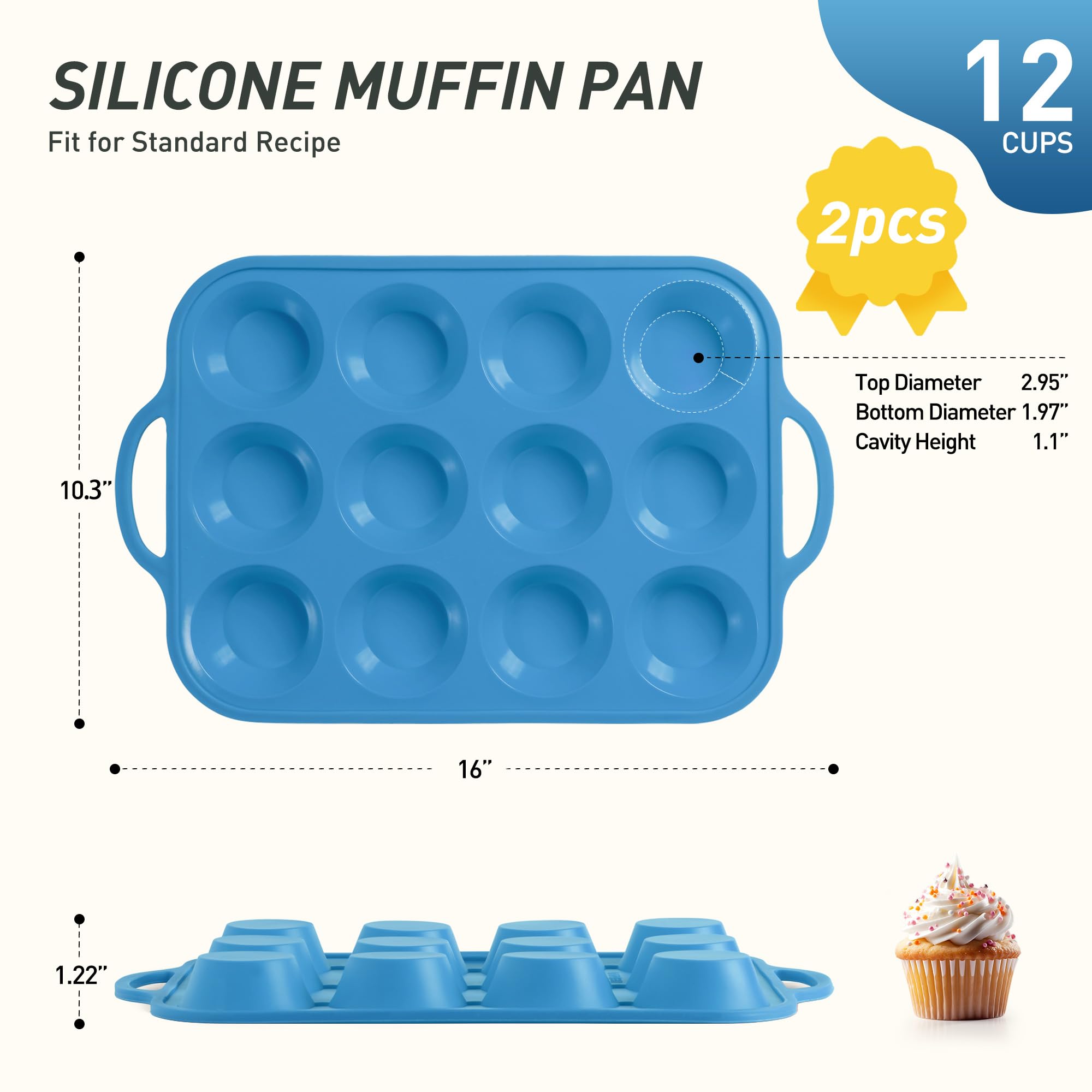 2 Packs 12 Cups Silicone Muffin Pan with Metal Reinforced Frame Regular Size Cupcake Pan Tray Egg Bites Silicone Circle Cookie Molds Muffin Tin Tart Pans Baking Sheet Set for Breakfast Sandwiches
