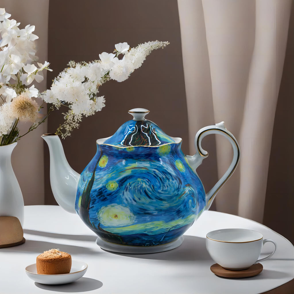 Teapot 30 oz Vangogh Paintings Bone China Loose Tea Pot Floral Design Vintage Ceramic Coffee Water Pot European Style Porcelain (Starry Sky)