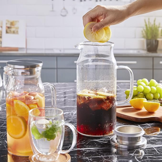 2 Liter 68 oz Glass Pitcher with Lid and Spout, Bivvclaz Glass Carafe for Hot/Cold Water, Large Iced Tea Pitcher for Coffee, Juice and Homemade Beverage