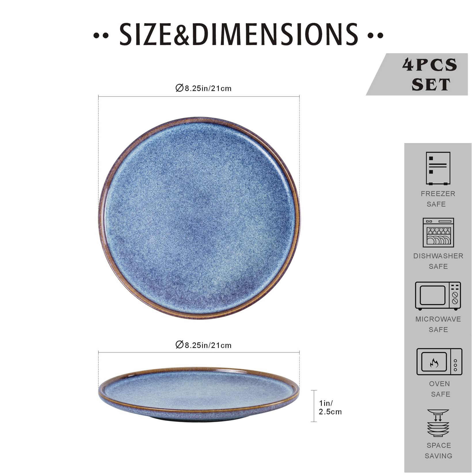 UNICASA Ceramic Dessert Plates - Dinner Salad Plates Set of 4, 8.25 Inch Round Serving Dishes Set for Pasta - Stoneware Dinnerware Set Kitchen, Dishwasher, Microwave & Oven Safe (Blue)