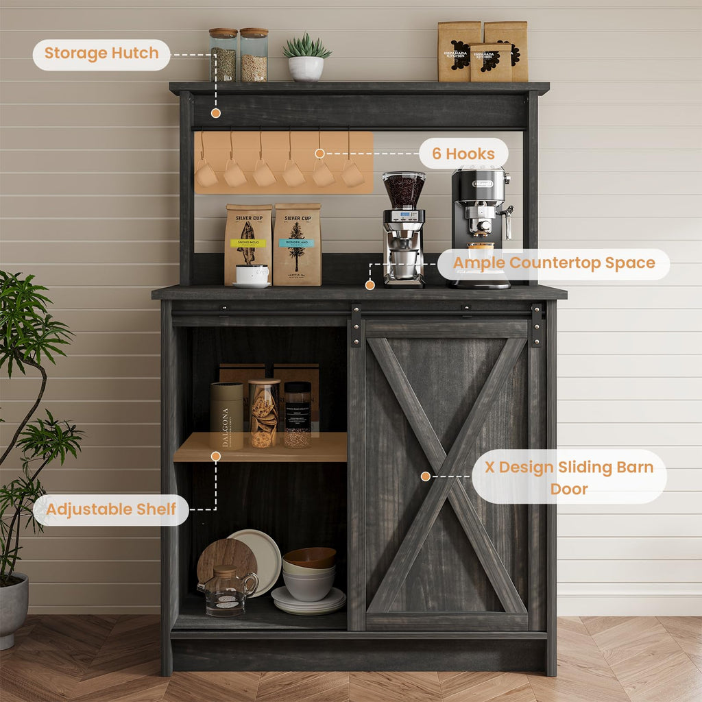 4ever2buy Farmhouse Coffee Bar Cabinet with Sliding Barn Door, 31.5", Dark Oak