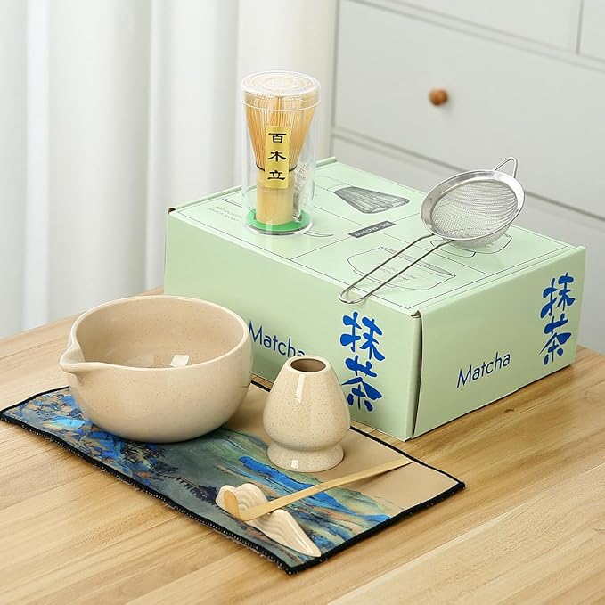 Matcha Set, 7 Pieces, Matcha Bowl with Spout, Whisk, Holder, Bamboo Scoop, Stainless Steel Sifter