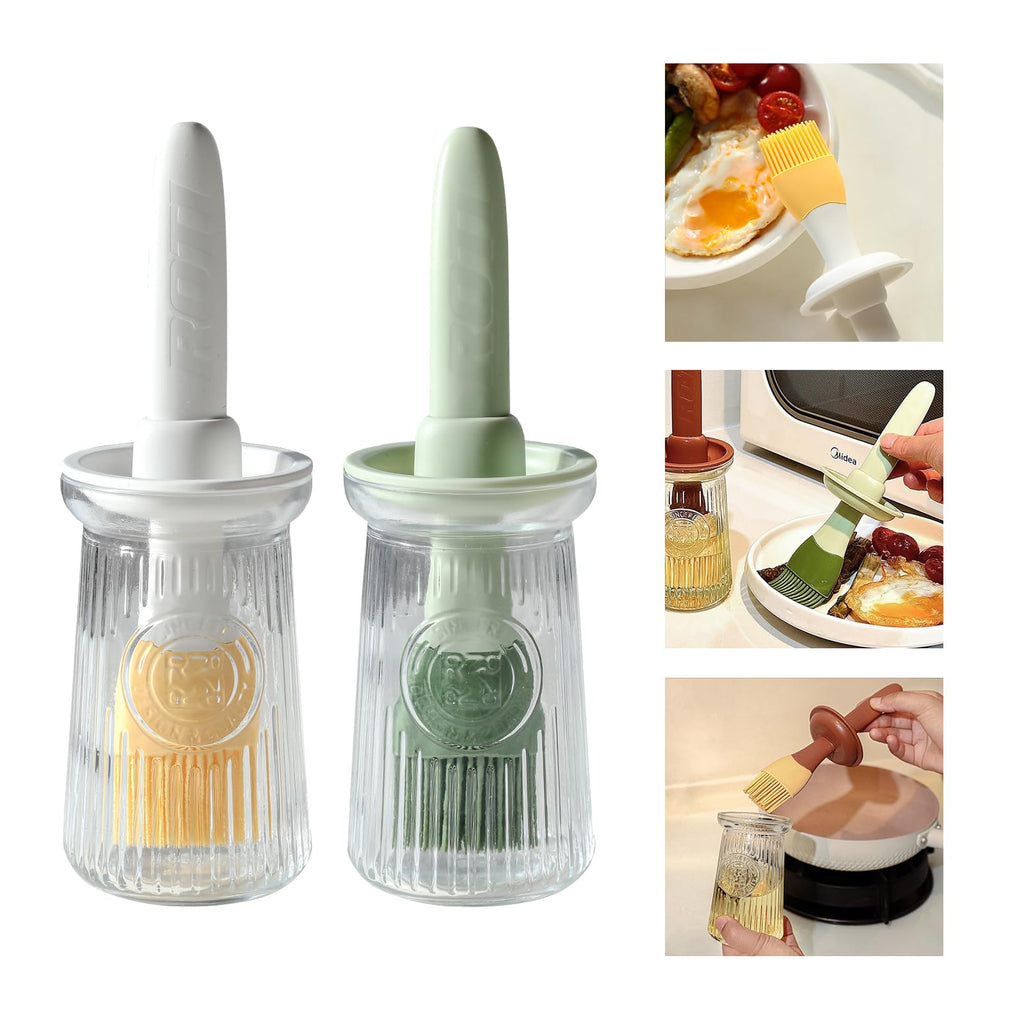Uteynee Oil Dispenser with Brush - Glass Olive Oil Dispenser for Kitchen, 3 IN 1 Oil Dispenser Bottle with Silicone Basting Brush for Cooking Vinegar Sauce BBQ Grill Frying (Green/White)
