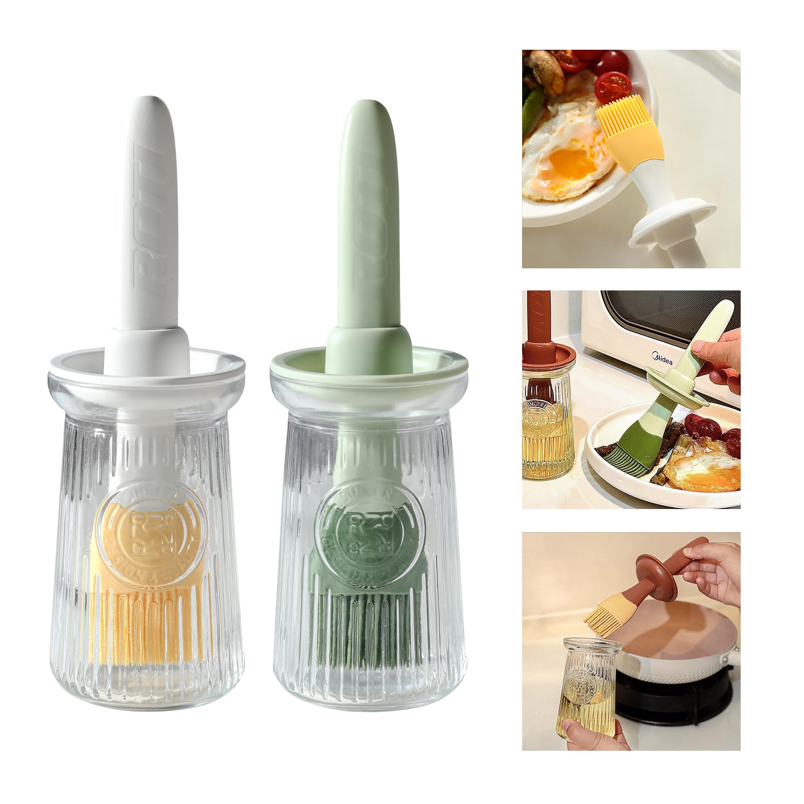 Uteynee Oil Dispenser with Brush - Glass Olive Oil Dispenser for Kitchen, 3 IN 1 Oil Dispenser Bottle with Silicone Basting Brush for Cooking Vinegar Sauce BBQ Grill Frying (Green/White)