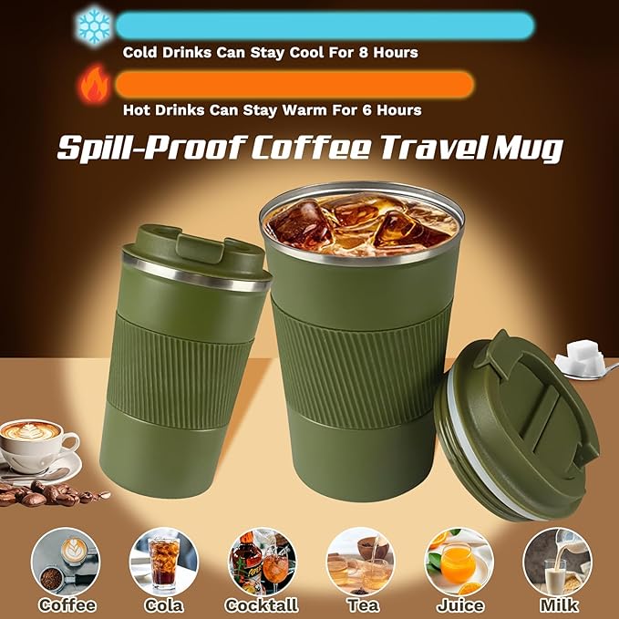 Vacuum-Insulated Stainless Steel Travel Coffee Mug, Leak-Proof Reusable Coffee Cup with Lid - Keep Hot & Cold Drinks for Hours, Durable Thermos Tumbler for Men & Women (3rd-Green, 17OZ)