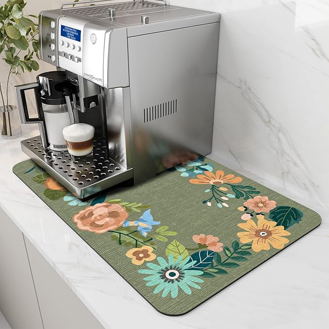 AMOAMI Coffee Mat - Hide Stain Rubber Backed Absorbent Dish Drying Mat for Kitchen Counter - Fits Under Coffee Maker - Khaki 12X19