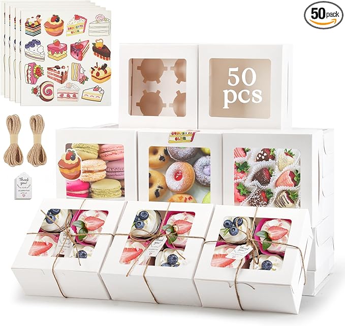 OAMCEG 50 Pack Cookie Boxes with Window 6x6x3 Inches White Cupcake Boxes, Bakery Treat Boxes with Stickers & Twine for Pastry, Desserts, Strawberries, Cupcakes, Gift Giving