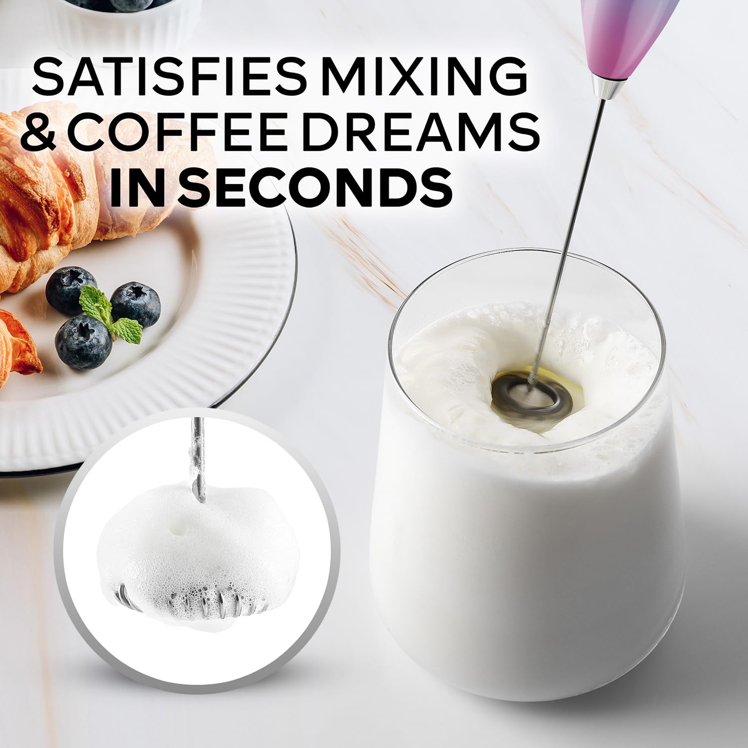 Zulay Kitchen Powerful Milk Frother Wand With Duracell Batteries - Ultra Fast Handheld Drink Mixer - Electric Whisk Foam Maker for Coffee, Lattes, Cappuccino & Matcha - Z1 Motor - Pink Spritz