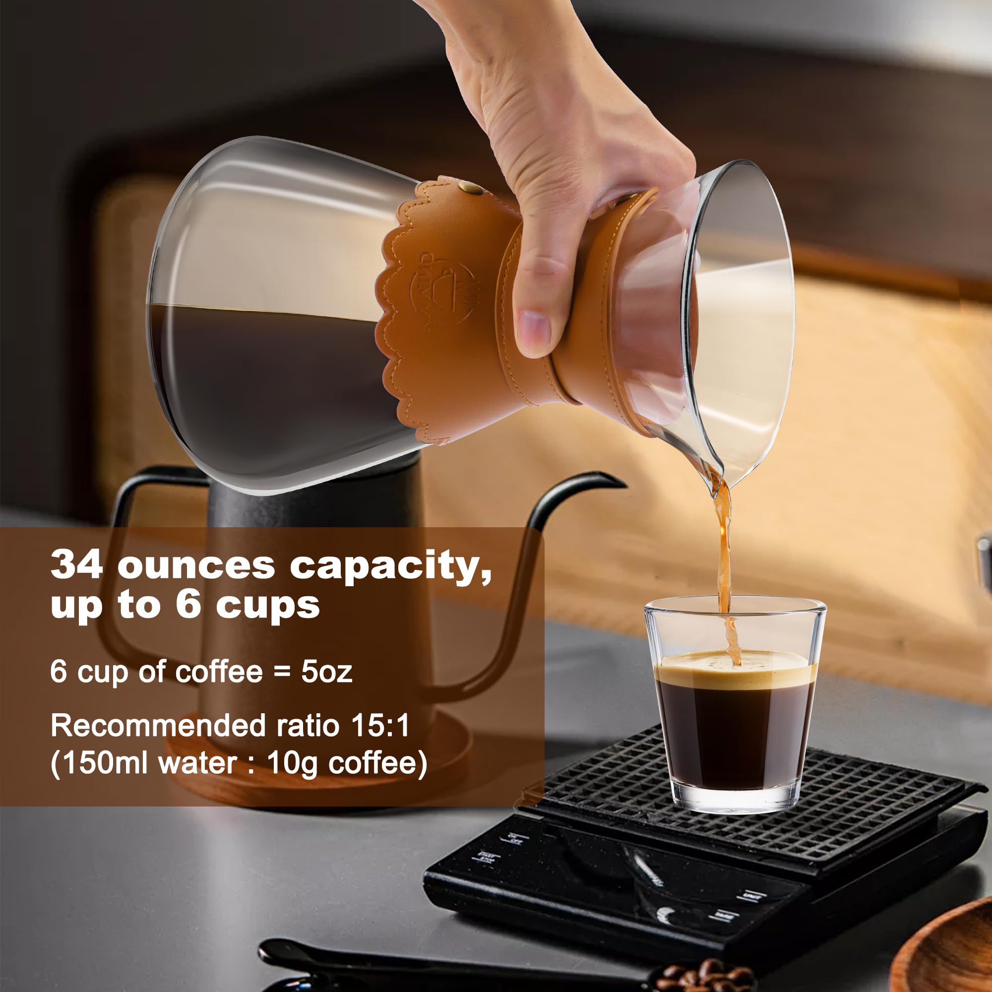 YMMIND 34oz Pour Over Coffee Maker with Double Layer Stainless Steel Filter, Borosilicate Glass Dripper, Detachable Heat-Resistant Leather Pad 7-8 Cups Coffee Maker Carafe（Light brown）