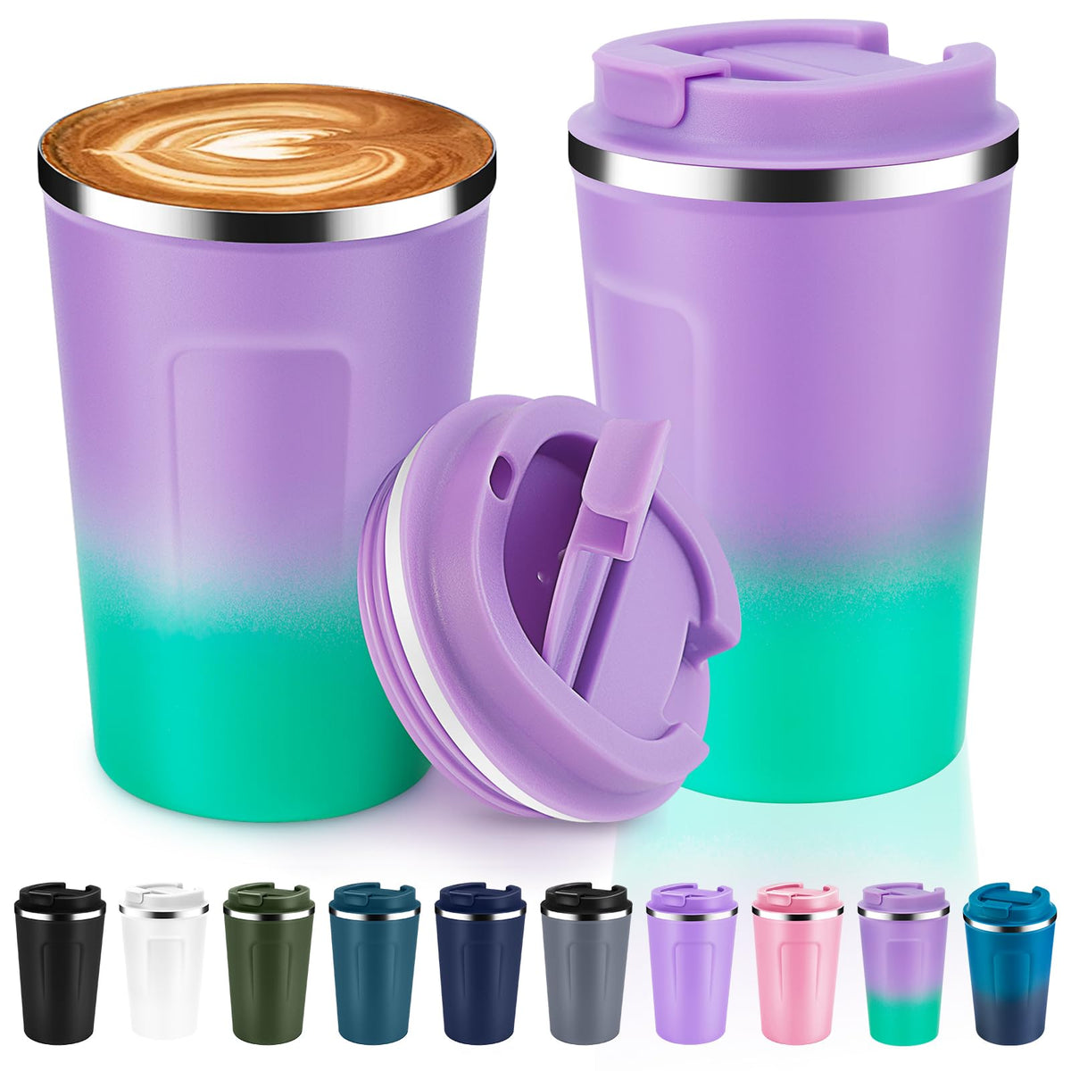 Volhoply 12 oz Double Wall Insulated Vacuum Travel Coffee Mug with Flip Lid Bulk 4 Pack,Reusable Stainless Steel Leak Proof Coffee Cups,Portable Cafe Thermal Tumbler for Hot & Cold Drinks(White,4 Set)