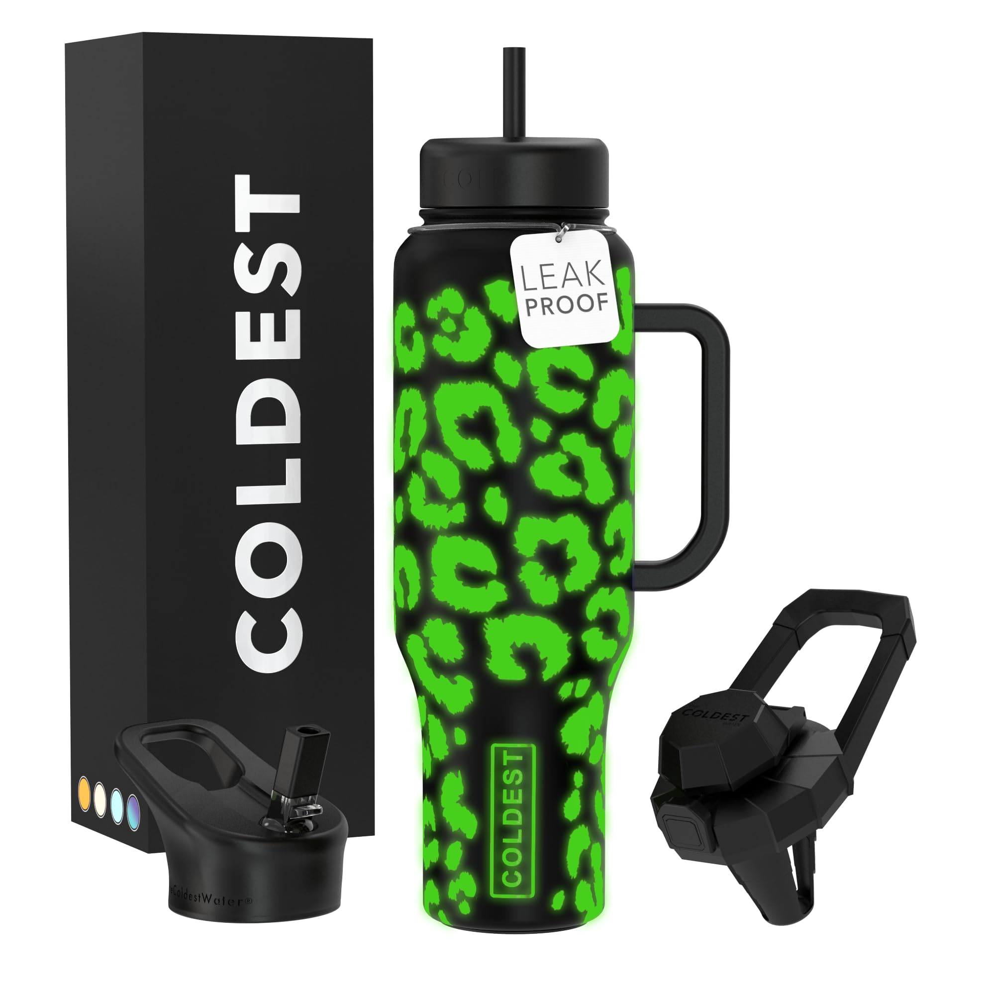 Coldest Tumbler with Handle and Straw, 100% Leak Proof Insulated Tumbler with Lid and Straw (3 Lids), Stainless Steel Tumblers for Women & Men, Cup Holder Friendly, 46 oz (Glowie Leopard)