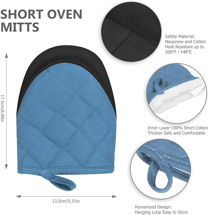 Qulable 1 Pair Short Oven Mitts - Silicone Kitchen Oven Gloves High Heat Resistant 500℉, Mini Oven Mits with Non-Slip Grip Surfaces and Hanging Loop for BBQ, Baking, Cooking and Grilling (Bule)