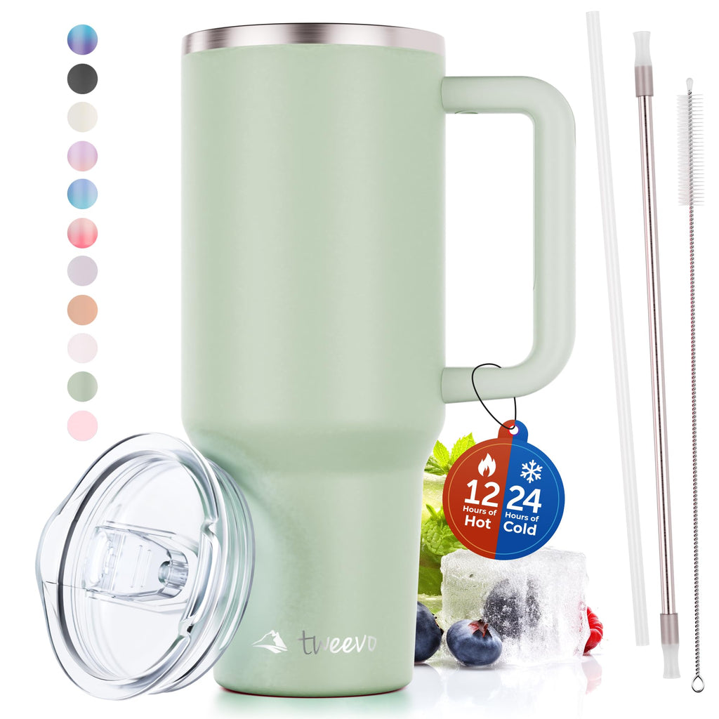 tweevo 40 oz Tumbler With Handle and Straw Made of Stainless Steel - Double Wall Vacuum Insulated Tumbler With Lid - Sweat Proof Easy Grip, BPA-Free, Dishwasher Safe Tumbler (Sea Sage)