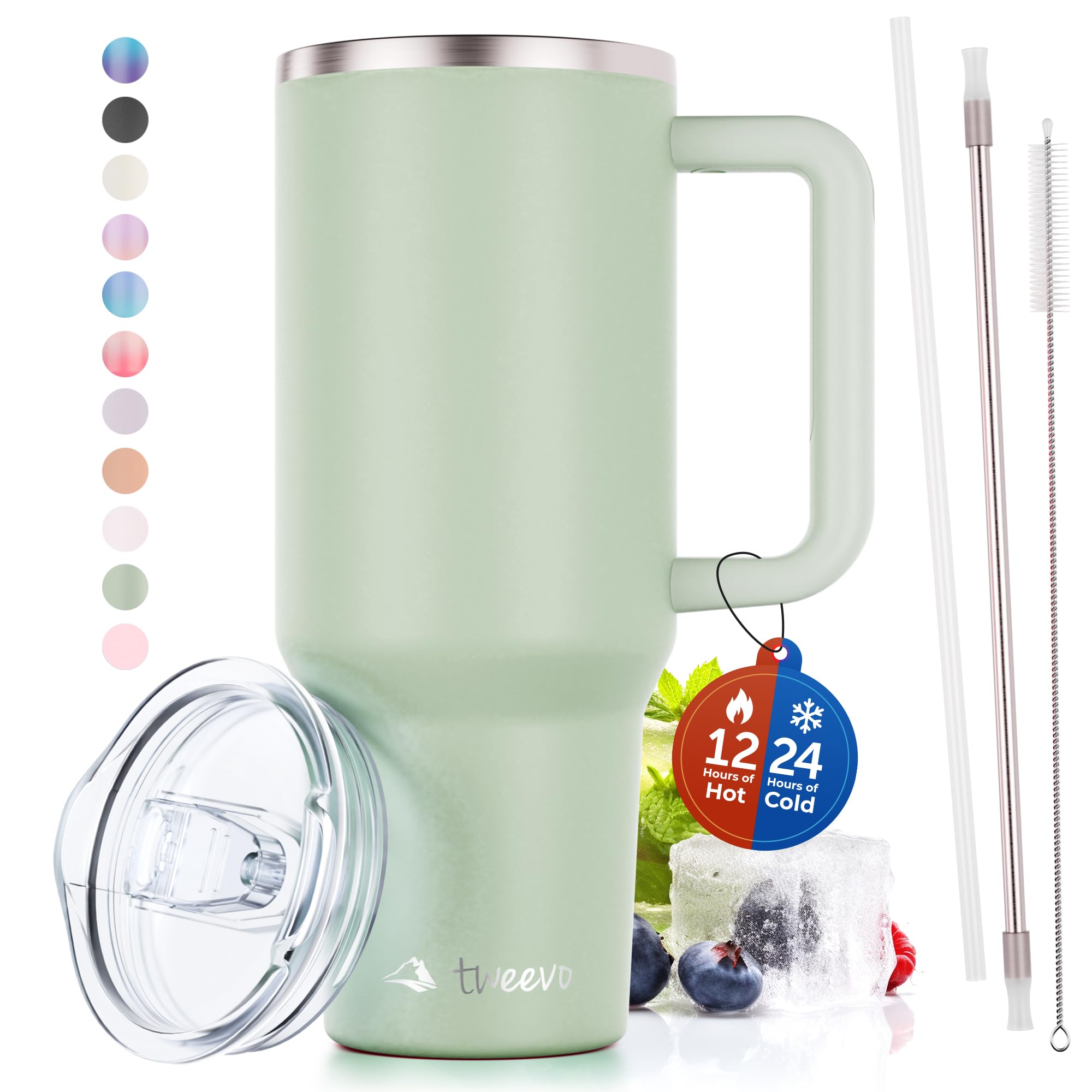 tweevo 40 oz Tumbler With Handle and Straw Made of Stainless Steel - Double Wall Vacuum Insulated Tumbler With Lid - Sweat Proof Easy Grip, BPA-Free, Dishwasher Safe Tumbler (Sea Sage)