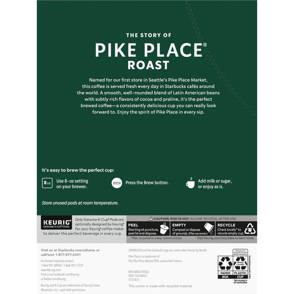 Starbucks K-Cup Coffee Pods, Medium Roast Hot or Iced Coffee, Pike Place Roast, 96 Keurig Pods