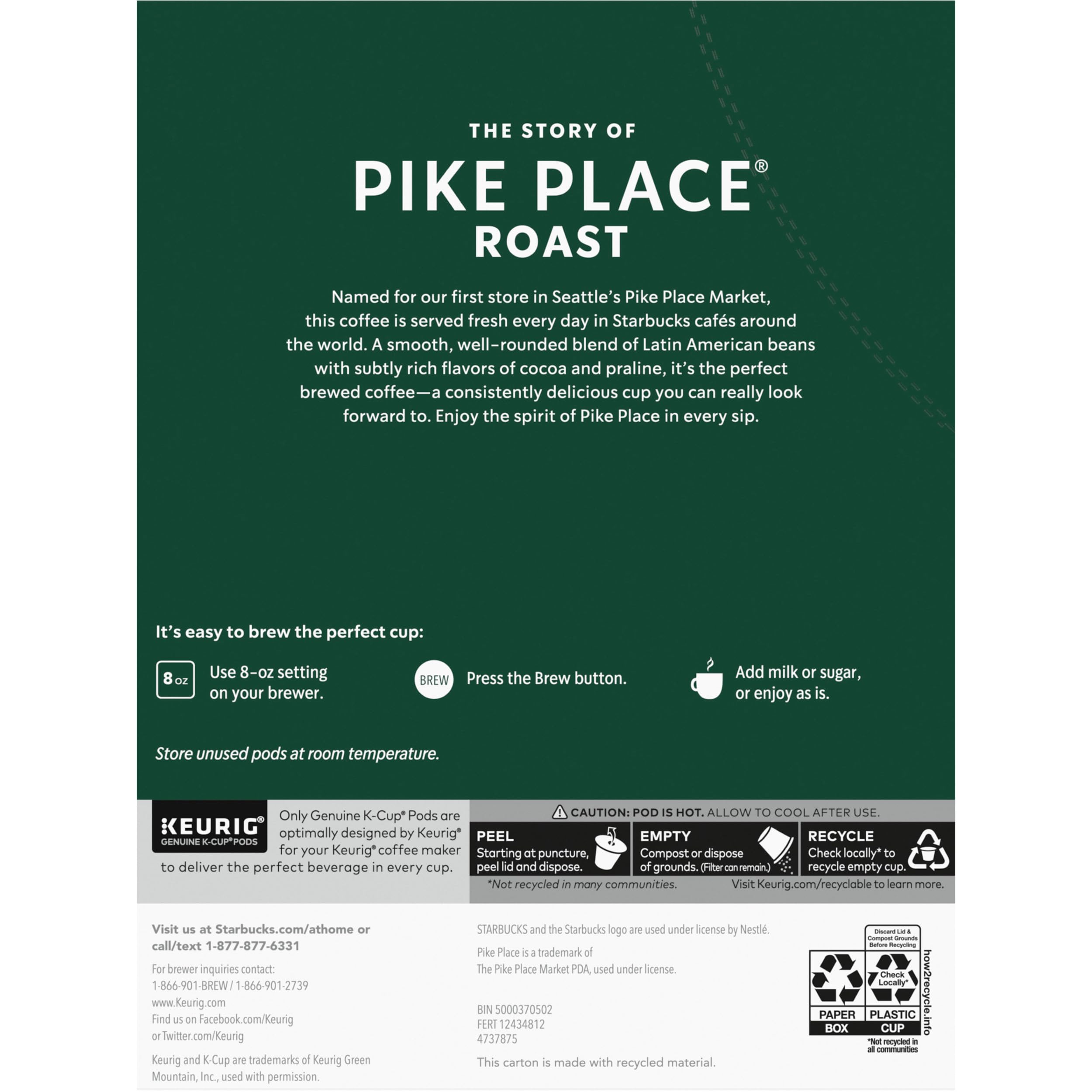 Starbucks K-Cup Coffee Pods, Medium Roast Hot or Iced Coffee, Pike Place Roast, 96 Keurig Pods