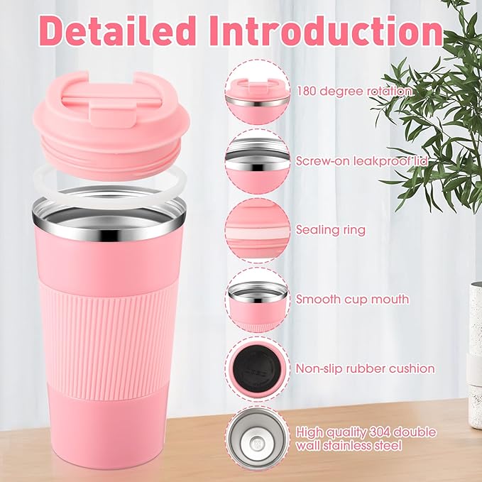 Sabary 4 Pack 16 oz Bulk Travel Coffee Mug with Lid Reusable Vacuum Insulated Coffee Tumbler Double Wall Thermal Stainless Steel Camping Tea Cup for Christmas Winter Drinks Employee Gift(Pink)