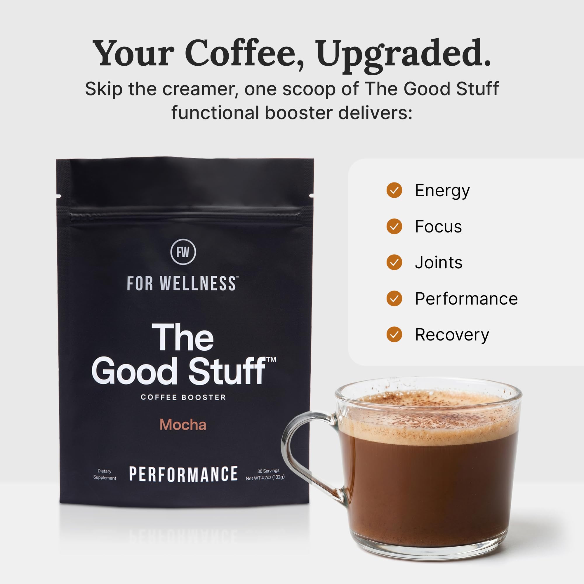 The Good Stuff | Mocha Coffee Booster | Healthy Coffee Creamer for Focus & Energy | Keto, Non-Dairy Creamer Powder with MCT Oil, Collagen & L-Theanine | 30 Servings