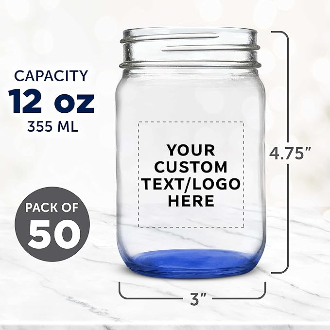 DISCOUNT PROMOS Custom Decorating Mason Jars 12 oz. Set of 50, Personalized Bulk Pack - Glass Jars for Overnight Oats, Candies, Fruits, Pickles, Spices, Beverages - Blue