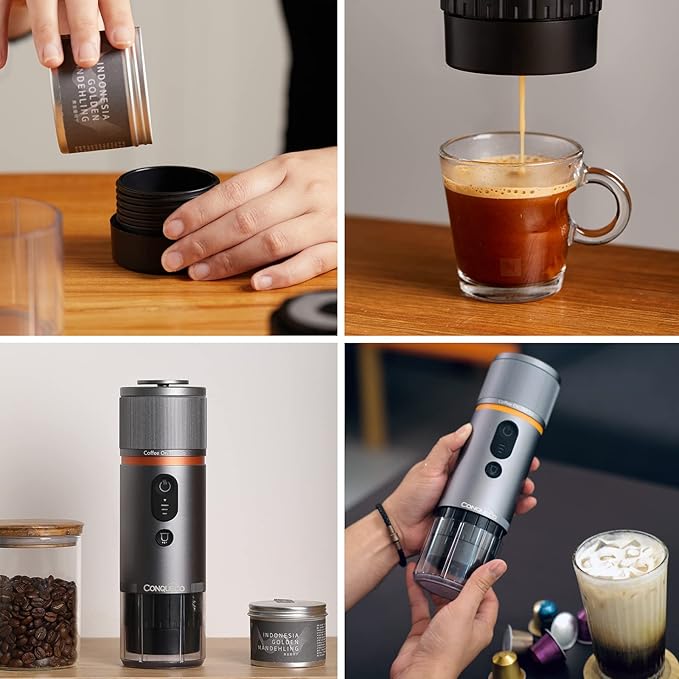 CONQUECO Portable Espresso Machine Travel: 12v Car Coffee Maker for Camping - Small Electric - 2.5 Mins Heating - 8 Cups Espresso for One Charge