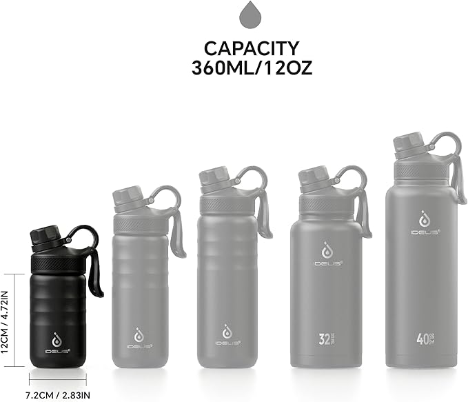 IDEUS Insulated Water Bottle 12oz, Stainless Steel Insulated Water Bottle For School, Insulated Bottles With Straws Leakproof, Vacuum Double Wall Water Bottles For Boys And Girls With 2 Lids, BPA Free
