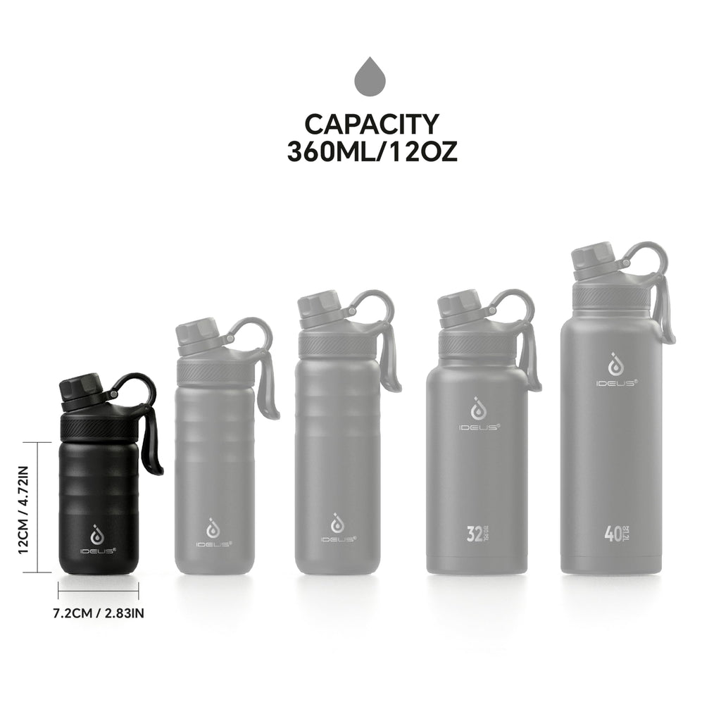 IDEUS Insulated Water Bottle 12oz, Stainless Steel Insulated Water Bottle For School, Insulated Bottles With Straws Leakproof, Vacuum Double Wall Water Bottles For Boys And Girls With 2 Lids, BPA Free